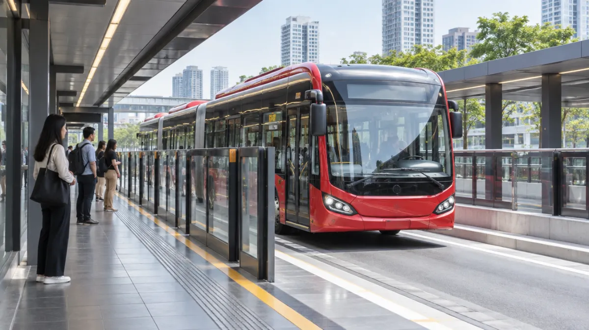 A modern bus station platform with glass barriers and a red articulated bus arriving