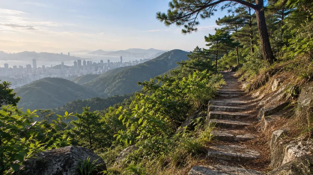 A forest trail winding up green hills above a city, with morning haze in the valley
