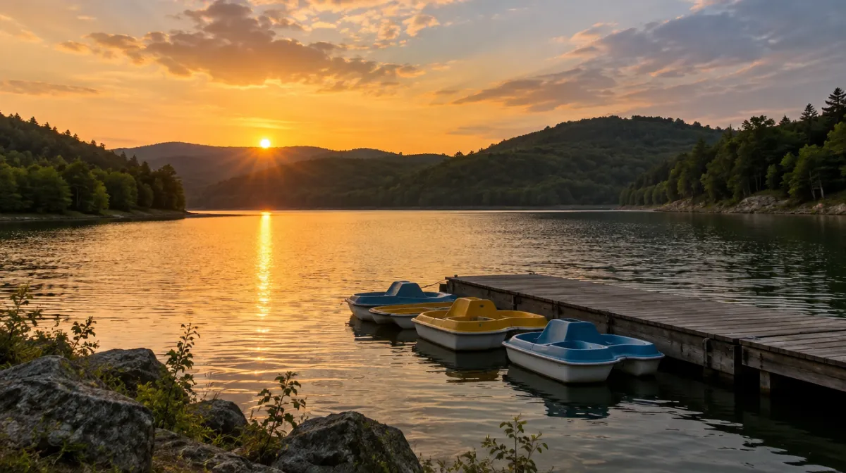 A calm reservoir at sunset surrounded by low wooded hills, with small boats moored at a jetty